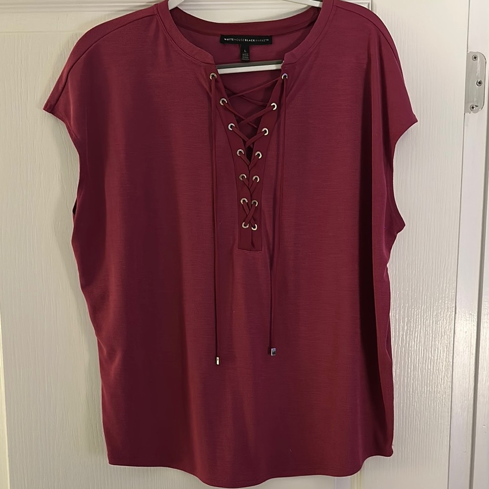 White House Black Market Burgundy Lace-Up Dolman Sleeve Blouse